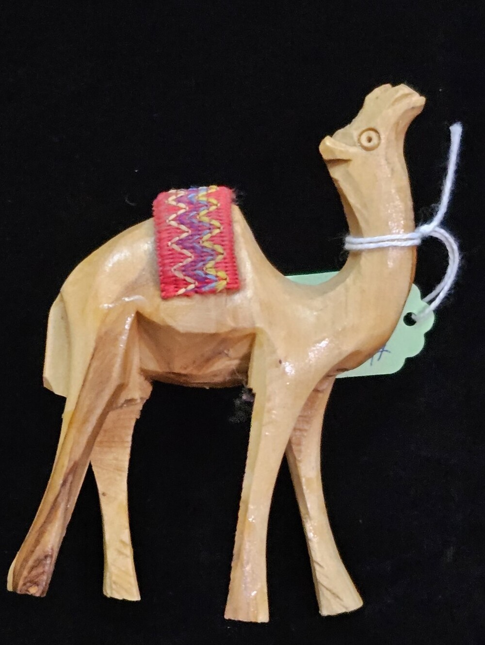 Hand-Carved Olive Wood Camel Figurine with Red Saddle Accent